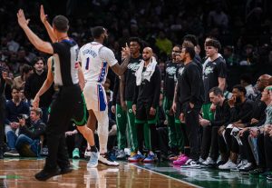 Apr 28, 2026; Boston, Massachusetts, USA; Philadelphia 76ers center Andre Drummond (1) reacts to the Boston Celtics bench after his three point basket in the second half during game five of the first round of the 2026 NBA Playoffs at TD Garden.
