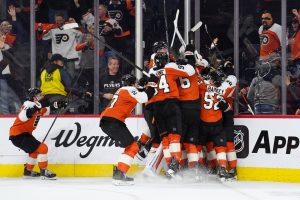 Apr 29, 2026; Philadelphia, Pennsylvania, USA; The Philadelphia Flyers celebrate after game six of the first round of the 2026 Stanley Cup Playoffs against the Pittsburgh Penguins at Xfinity Mobile Arena.