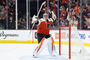 Apr 29, 2026; Philadelphia, Pennsylvania, USA; Philadelphia Flyers goalie Dan Vladar (80) reacts against the Pittsburgh Penguins in overtime in game six of the first round of the 2026 Stanley Cup Playoffs at Xfinity Mobile Arena.