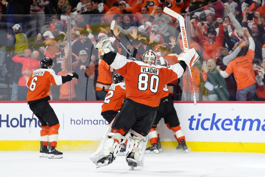Apr 29, 2026; Philadelphia, Pennsylvania, USA; Philadelphia Flyers goalie Dan Vladar (80) reacts with teammates against the Pittsburgh Penguins after game six of the first round of the 2026 Stanley Cup Playoffs at Xfinity Mobile Arena.