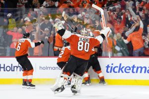Apr 29, 2026; Philadelphia, Pennsylvania, USA; Philadelphia Flyers goalie Dan Vladar (80) reacts with teammates against the Pittsburgh Penguins after game six of the first round of the 2026 Stanley Cup Playoffs at Xfinity Mobile Arena.