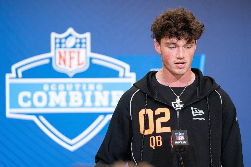 Feb 27, 2026; Indianapolis, IN, USA; Penn State quarterback Drew Allar (QB02) speaks to members of the media during the NFL Combine at the Indiana Convention Center