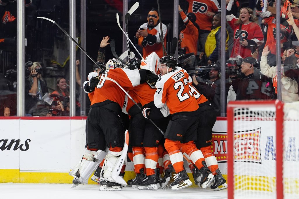 Apr 29, 2026; Philadelphia, Pennsylvania, USA; The Philadelphia Flyers celebrate after game six of the first round of the 2026 Stanley Cup Playoffs against the Pittsburgh Penguins at Xfinity Mobile Arena.