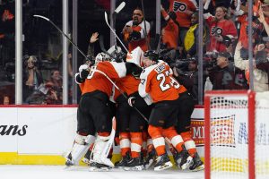 Apr 29, 2026; Philadelphia, Pennsylvania, USA; The Philadelphia Flyers celebrate after game six of the first round of the 2026 Stanley Cup Playoffs against the Pittsburgh Penguins at Xfinity Mobile Arena.