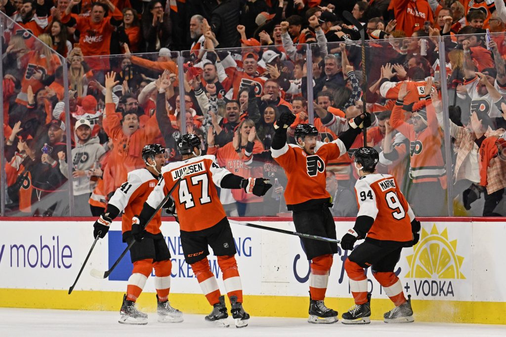 Apr 22, 2026; Philadelphia, Pennsylvania, USA; Philadelphia Flyers defenseman Rasmus Ristolainen (55) celebrates his goal with right wing Porter Martone (94) against the Pittsburgh Penguins during the second period in game three of the first round of the 2026 Stanley Cup Playoffs at Xfinity Mobile Arena.