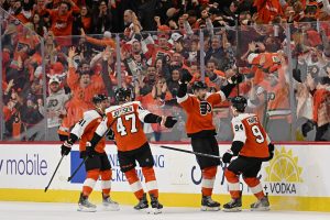Apr 22, 2026; Philadelphia, Pennsylvania, USA; Philadelphia Flyers defenseman Rasmus Ristolainen (55) celebrates his goal with right wing Porter Martone (94) against the Pittsburgh Penguins during the second period in game three of the first round of the 2026 Stanley Cup Playoffs at Xfinity Mobile Arena.