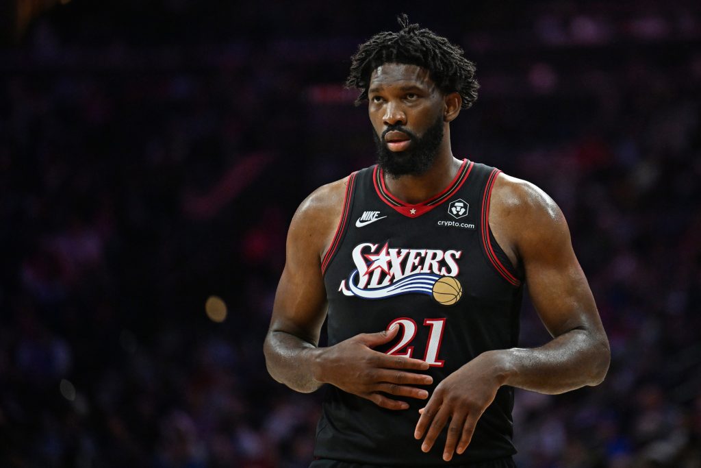 Apr 26, 2026; Philadelphia, Pennsylvania, USA; Philadelphia 76ers center Joel Embiid (21) against the Boston Celtics during the second half at Xfinity Mobile Arena.