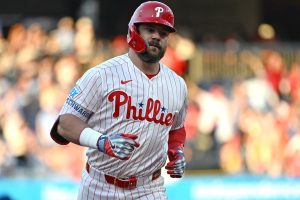 Apr 13, 2026; Philadelphia, Pennsylvania, USA; Philadelphia Phillies left fielder Kyle Schwarber (12) runs the bases after hitting a home run against the Chicago Cubs during the first inning at Citizens Bank Park. :