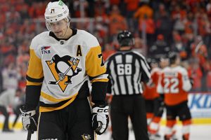 Apr 22, 2026; Philadelphia, Pennsylvania, USA; (Editors Notes: Caption Correction) Pittsburgh Penguins center Evgeni Malkin (71) skates off the ice after loss to the Philadelphia Flyers in game three of the first round of the 2026 Stanley Cup Playoffs at Xfinity Mobile Arena.