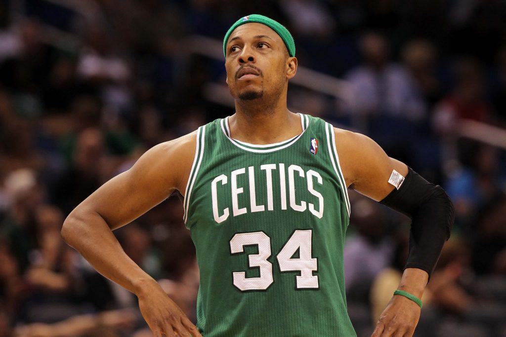 Apr 13, 2013; Orlando, FL, USA; Boston Celtics small forward Paul Pierce (34) reatcs against the Orlando Magic during the second half at the Amway Center. Boston Celtics defeated the Orlando Magic 120-88.