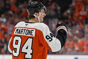 Apr 14, 2026; Philadelphia, Pennsylvania, USA; Philadelphia Flyers right wing Porter Martone (94) celebrates his goal against the Montral Canadiens during the first period at Xfinity Mobile Arena.