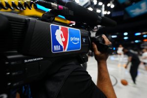 Apr 4, 2026; Denver, Colorado, USA; General view of a NBA Amazon Prime broadcast camera before the game between the San Antonio Spurs against the Denver Nuggets at Ball Arena.