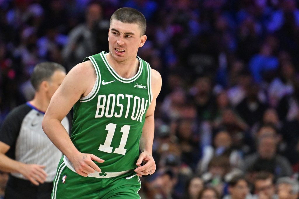 Apr 26, 2026; Philadelphia, Pennsylvania, USA; Boston Celtics guard Payton Pritchard (11) reacts after making a three point basket against the Philadelphia 76ers during the second half at Xfinity Mobile Arena.