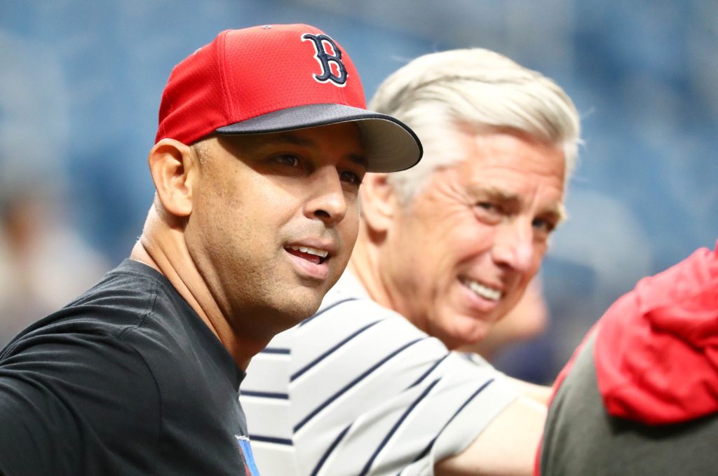 Jul 22, 2019; St. Petersburg, FL, USA; Boston Red Sox manager Alex Cora (20) and president of baseball operations Dave Dombrowski prior to the game against the Tampa Bay Rays at Tropicana Field.