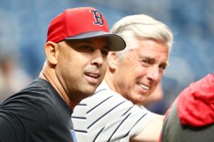 Jul 22, 2019; St. Petersburg, FL, USA; Boston Red Sox manager Alex Cora (20) and president of baseball operations Dave Dombrowski prior to the game against the Tampa Bay Rays at Tropicana Field.