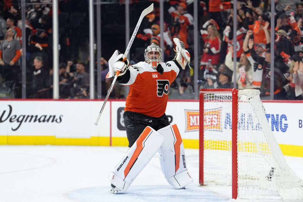 Apr 29, 2026; Philadelphia, Pennsylvania, USA; Philadelphia Flyers goalie Dan Vladar (80) reacts against the Pittsburgh Penguins in overtime in game six of the first round of the 2026 Stanley Cup Playoffs at Xfinity Mobile Arena.