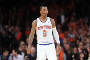 Apr 2, 2014; New York, NY, USA; New York Knicks guard J.R. Smith (8) looks on against the Brooklyn Nets during the second half at Madison Square Garden. The New York Knicks won 110-81.