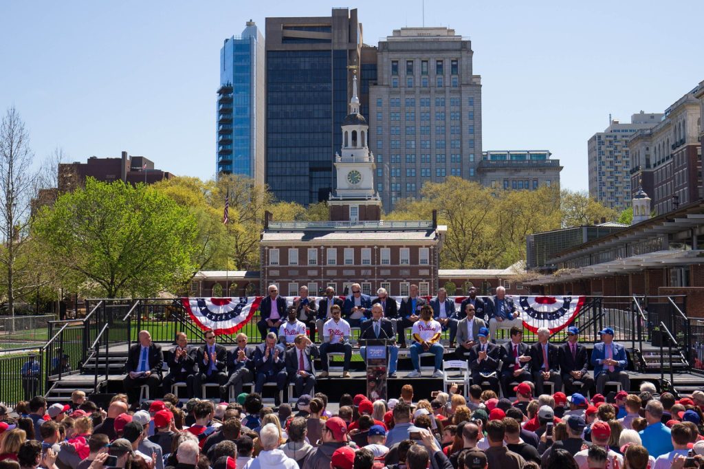 Apr 16, 2019; Philadelphia, PA, USA; MLB commissioner Rob Manfred addresses fans and media during an event at Independence Mall to announce Philadelphia as the host of the 2026 All Star Game.