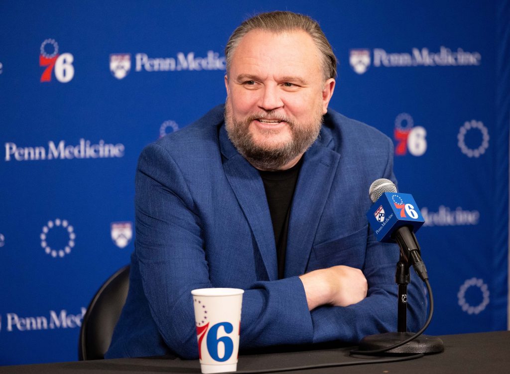 Dec 15, 2023; Philadelphia, Pennsylvania, USA; Philadelphia 76ers resident of Basketball Operations Daryl Morey speaks with the media before a game against the Detroit Pistons at Wells Fargo Center.
