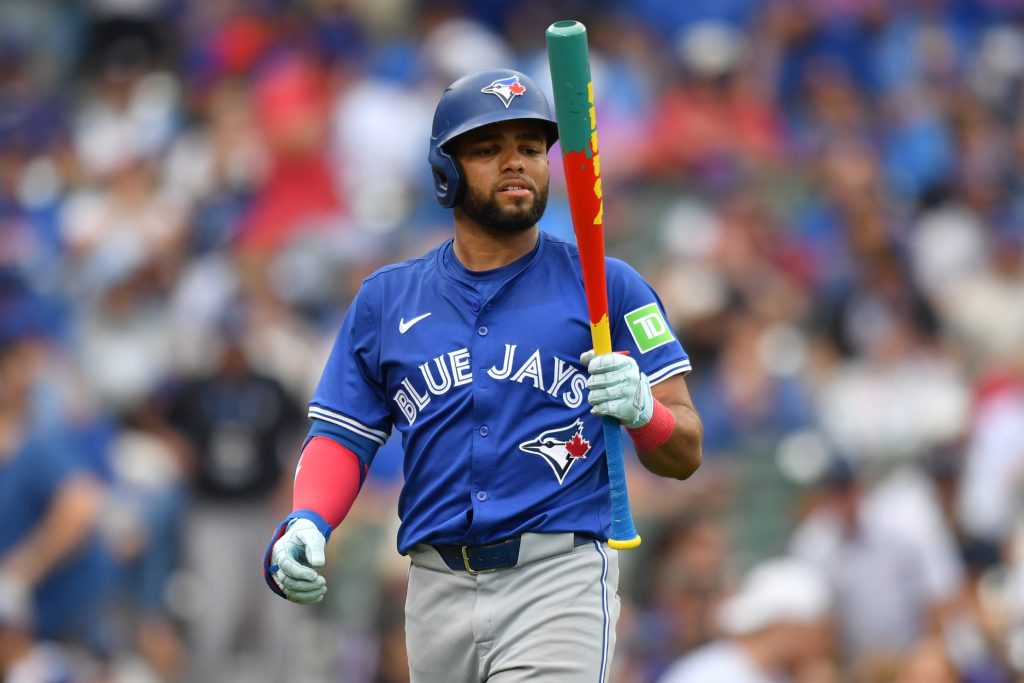 Aug 17, 2024; Chicago, Illinois, USA; Toronto Blue Jays right fielder Steward Berroa (37) reacts after striking out during the eighth inning against the Chicago Cubs at Wrigley Field.