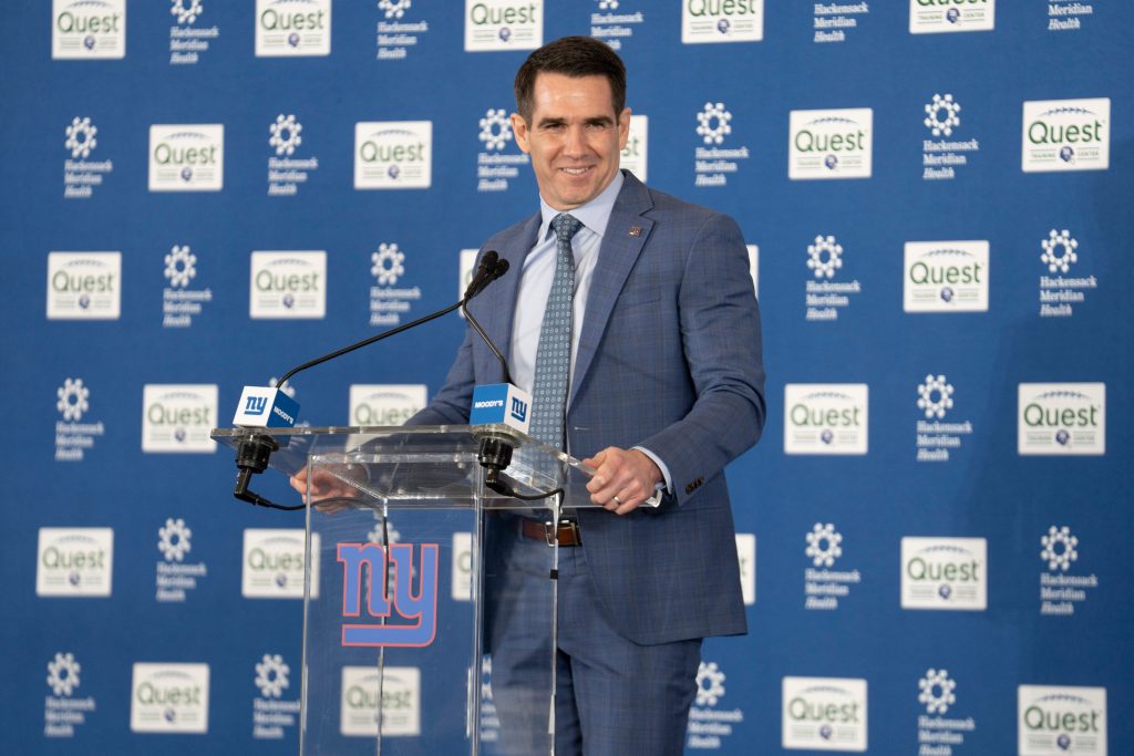 General Manager Joe Schoen delivers welcoming remarks during a press conference introducing new Head Coach John Harbaugh at the Quest Diagnostics Training Center in East Rutherford on Tuesday, Jan. 20, 2025.