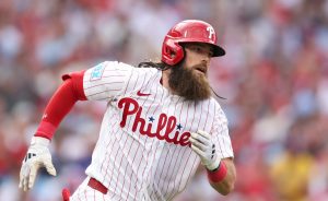 Mar 26, 2026; Philadelphia, Pennsylvania, USA; Philadelphia Phillies center fielder Brandon Marsh (16) runs the bases on a double against the Texas Rangers at Citizens Bank Park.