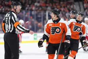 Apr 2, 2026; Philadelphia, Pennsylvania, USA; Philadelphia Flyers right wing Travis Konecny (11) reacts against the Detroit Red Wings in the second period at Xfinity Mobile Arena.