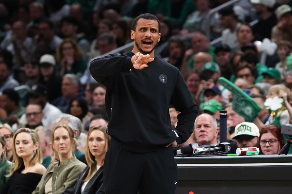 Apr 12, 2026; Boston, Massachusetts, USA; Boston Celtics head coach Joe Mazzulla reacts during the first half against the Orlando Magic at TD Garden.