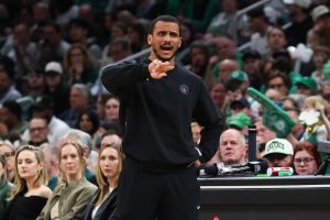 Apr 12, 2026; Boston, Massachusetts, USA; Boston Celtics head coach Joe Mazzulla reacts during the first half against the Orlando Magic at TD Garden.