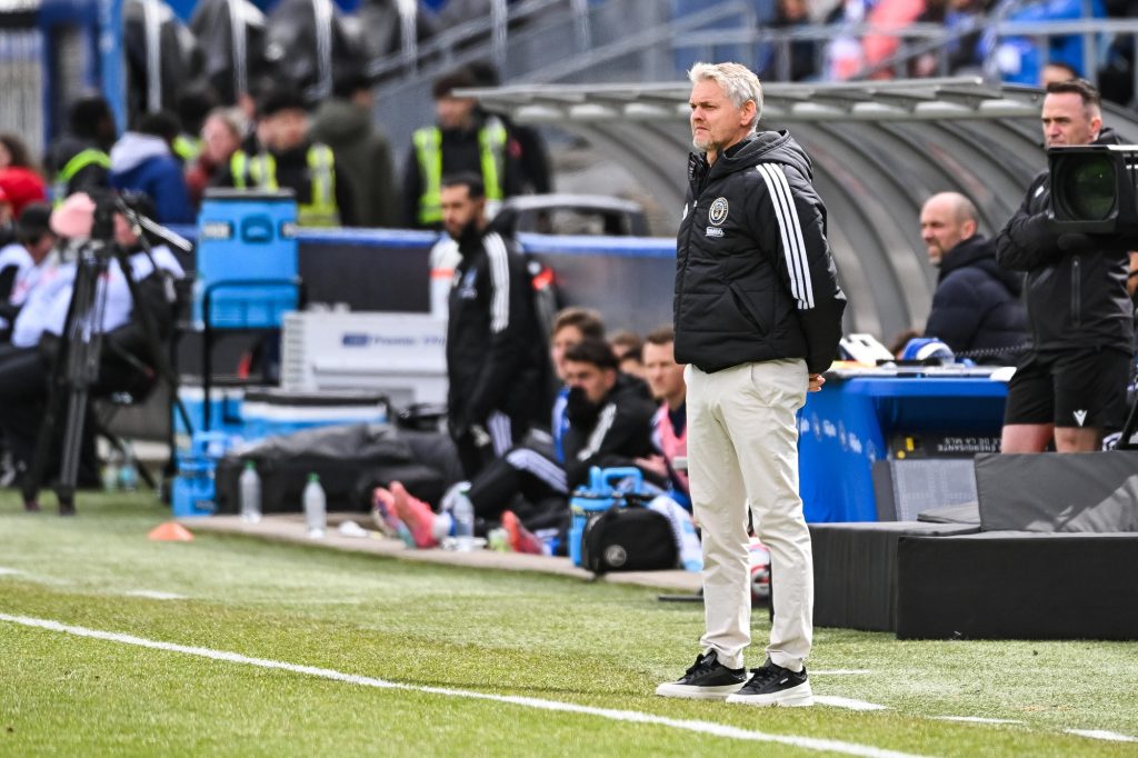 Apr 11, 2026; Montreal, Province of Quebec, CAN; Philadelphia Union head coach Bradley Carnell looks at the play against CF Montreal during the first half at Saputo Stadium.