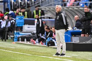 Apr 11, 2026; Montreal, Province of Quebec, CAN; Philadelphia Union head coach Bradley Carnell looks at the play against CF Montreal during the first half at Saputo Stadium.