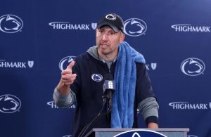 Apr 25, 2026; University Park, PA, USA; Penn State Nittany Lions head coach Matt Campbell answers questions from the media following the Penn State Blue-White Spring game at Beaver Stadium.