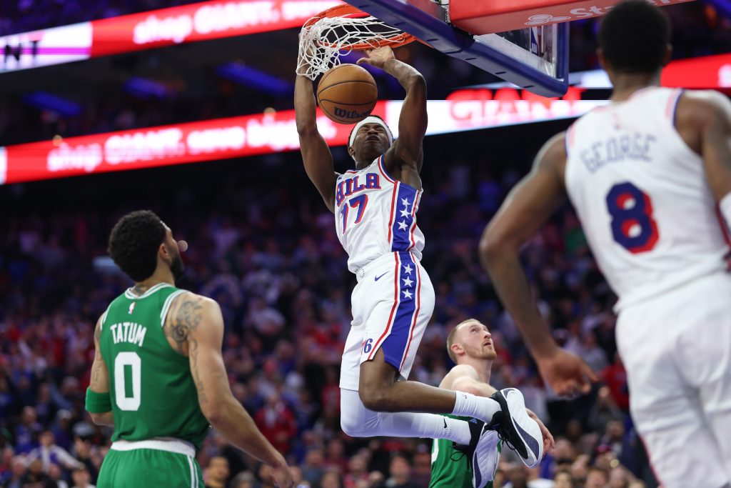 Apr 30, 2026; Philadelphia, Pennsylvania, USA; Philadelphia 76ers guard Vj Edgecombe (77) dunks the ball against the Boston Celtics during the third quarter at Xfinity Mobile Arena.
