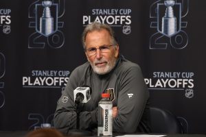 May 1, 2026; Salt Lake City, Utah, USA; Vegas Golden Knights head coach John Tortorella addresses the media after game six of the first round of the 2026 Stanley Cup Playoffs against the Utah Mammoth at Delta Center.