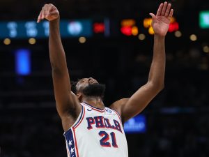 May 2, 2026; Boston, Massachusetts, USA; Philadelphia 76ers center Joel Embiid (21) looks up after missing a foul shot against the Boston Celtics during the second quarter of game seven of the first round of the 2026 NBA Playoffs at TD Garden.