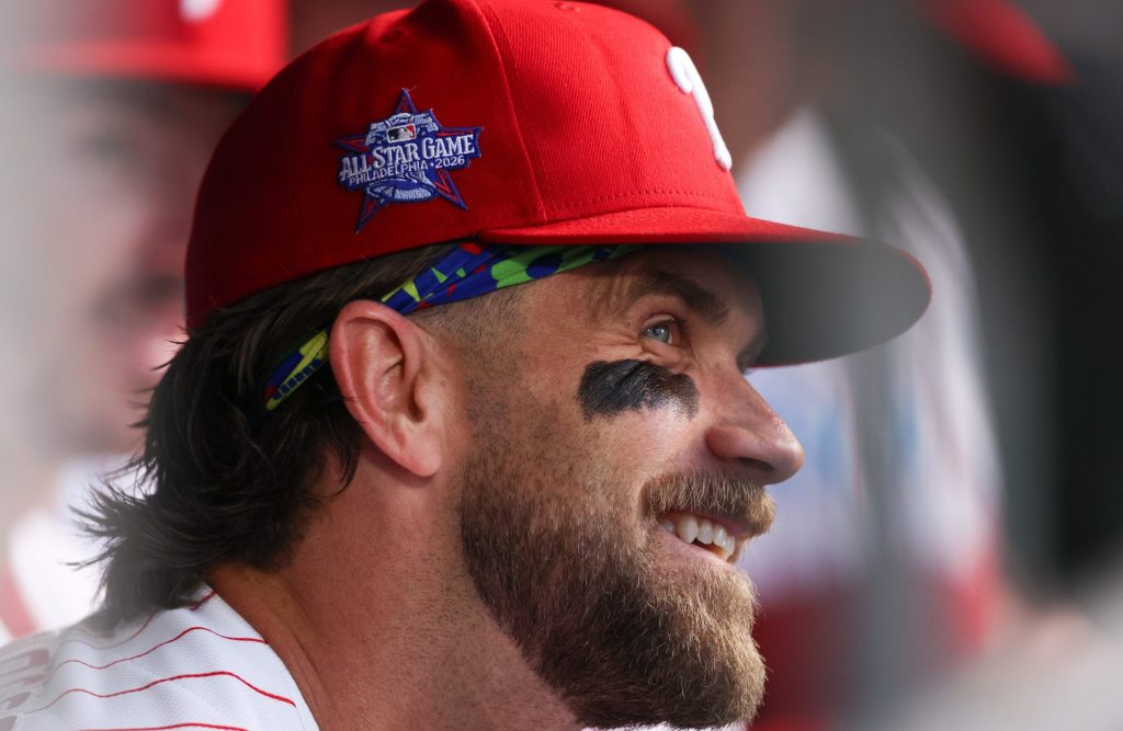 May 5, 2026; Philadelphia, Pennsylvania, USA; Philadelphia Phillies first baseman Bryce Harper (3) laughs with teammates before the start of the first inning at Citizens Bank Park.