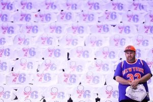 May 8, 2026; Philadelphia, Pennsylvania, USA; A New York Knicks fan looks on during pregame against the Philadelphia 76ers before game three of the second round of the 2026 NBA Playoffs at Xfinity Mobile Arena.