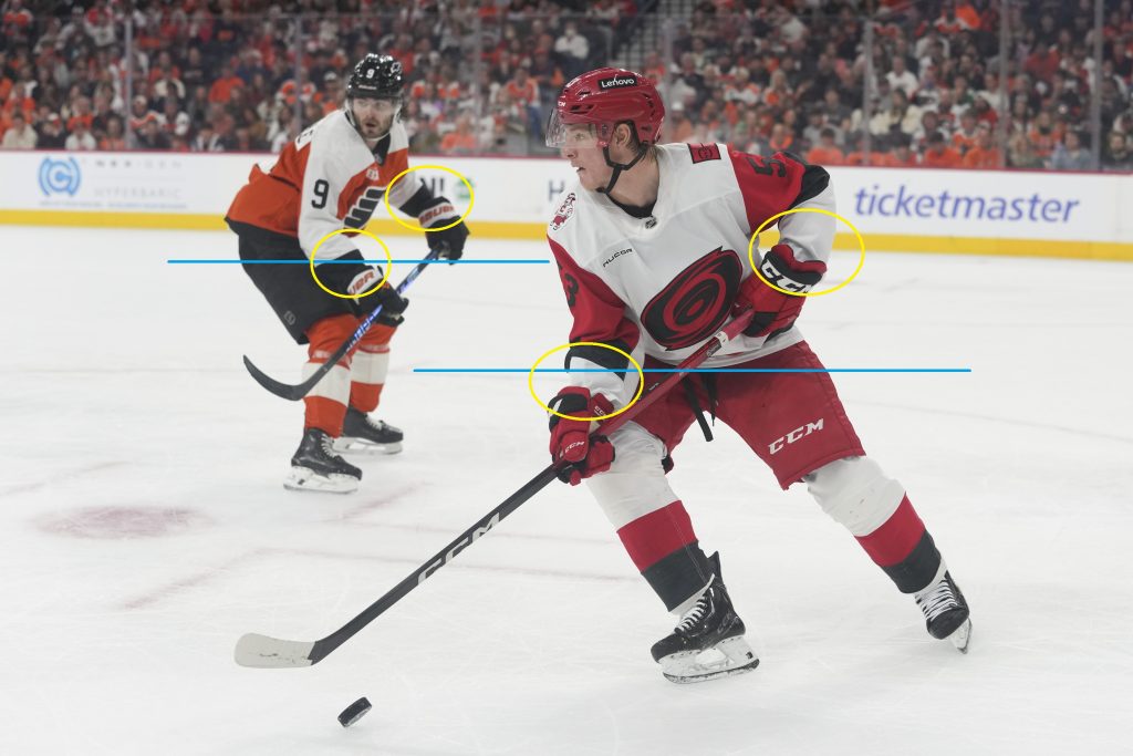 May 9, 2026; Philadelphia, Pennsylvania, USA; Carolina Hurricanes right wing Jackson Blake (53) controls the puck during the second period against Philadelphia Flyers in game four of the second round of the 2026 Stanely Cup Playoffs at Xfinity Mobile Arena.