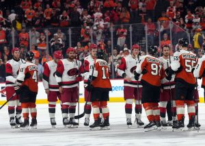 May 9, 2026; Philadelphia, Pennsylvania, USA; The Carolina Hurricanes and Philadelphia Flyers shake hands after game four of the second round of the 2026 Stanely Cup Playoffs at Xfinity Mobile Arena.