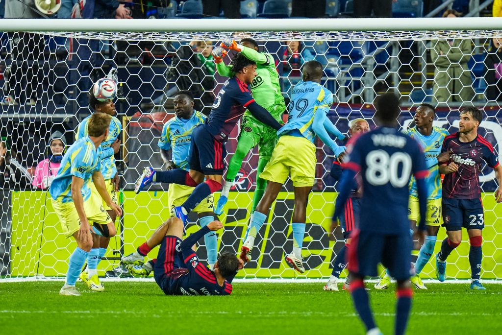May 9, 2026; Foxborough, Massachusetts, USA; Philadelphia Union goalkeeper Andre Blake (18) makes the save against the New England Revolution in the second half at Gillette Stadium.