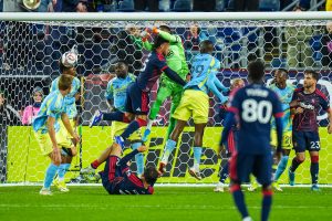 May 9, 2026; Foxborough, Massachusetts, USA; Philadelphia Union goalkeeper Andre Blake (18) makes the save against the New England Revolution in the second half at Gillette Stadium.