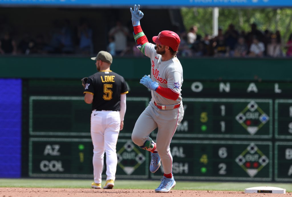 May 17, 2026; Pittsburgh, Pennsylvania, USA; Philadelphia Phillies first baseman Bryce Harper (3) circles the bases on a solo home run against the Pittsburgh Pirates during the sixth inning at PNC Park.