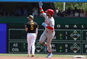 May 17, 2026; Pittsburgh, Pennsylvania, USA; Philadelphia Phillies first baseman Bryce Harper (3) circles the bases on a solo home run against the Pittsburgh Pirates during the sixth inning at PNC Park.