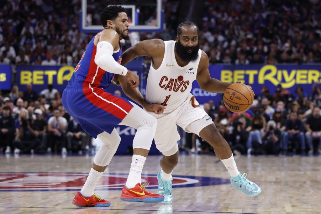 May 17, 2026; Detroit, Michigan, USA; Cleveland Cavaliers guard James Harden (1) dribbles against Detroit Pistons forward Tobias Harris (12) in the first half during game seven of the second round of the 2026 NBA Playoffs at Little Caesars Arena.