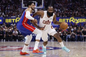 May 17, 2026; Detroit, Michigan, USA; Cleveland Cavaliers guard James Harden (1) dribbles against Detroit Pistons forward Tobias Harris (12) in the first half during game seven of the second round of the 2026 NBA Playoffs at Little Caesars Arena.