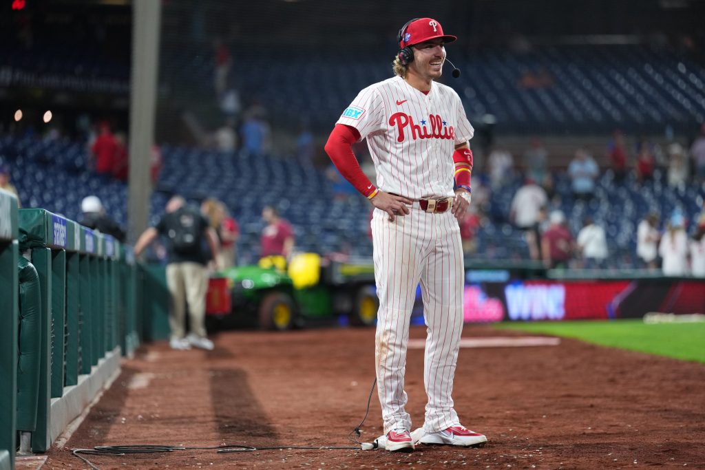 May 18, 2026; Philadelphia, Pennsylvania, USA; Philadelphia Phillies infielder Bryson Stott (5) reacts after the game against the Cincinnati Reds at Citizens Bank Park.