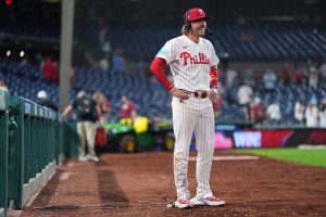 May 18, 2026; Philadelphia, Pennsylvania, USA; Philadelphia Phillies infielder Bryson Stott (5) reacts after the game against the Cincinnati Reds at Citizens Bank Park.