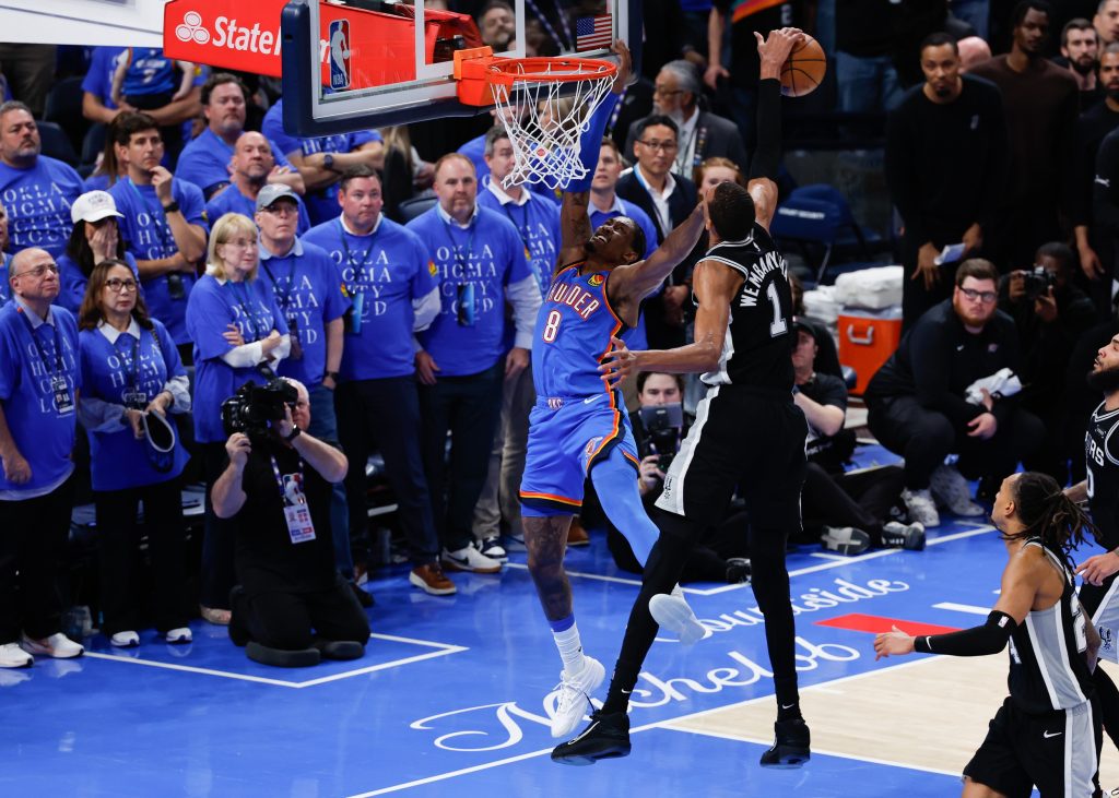 May 18, 2026; Oklahoma City, Oklahoma, USA; San Antonio Spurs center Victor Wembanyama (1) blocks a shot by Oklahoma City Thunder forward Jalen Williams (8) in double overtime during game one of the western conference finals for the 2026 NBA playoffs at Paycom Center.