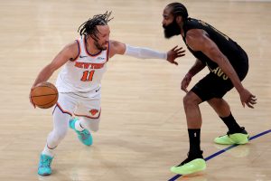 May 19, 2026; New York, New York, USA; New York Knicks guard Jalen Brunson (11) controls the ball against Cleveland Cavaliers guard James Harden (1) during the fourth quarter of game one of the eastern conference finals during the 2026 NBA playoffs at Madison Square Garden.