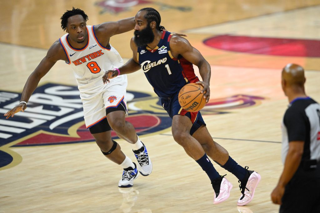 May 25, 2026; Cleveland, Ohio, USA; Cleveland Cavaliers guard James Harden (1) moves the ball while defended by New York Knicks forward OG Anunoby (8) in the first quarter during game four of the eastern conference finals for the 2026 NBA playoffs at Rocket Arena.